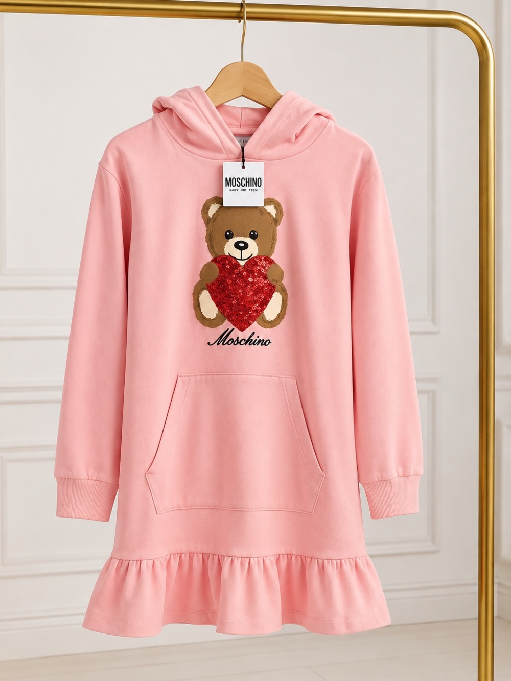 Moschino Kids Girls Pink Teddy Heart Hooded Dress Size 12 NWT